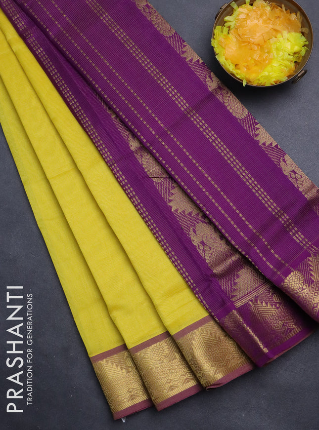 Silk cotton saree lime yellow and purple with allover vairaosi pattern and annam zari woven border