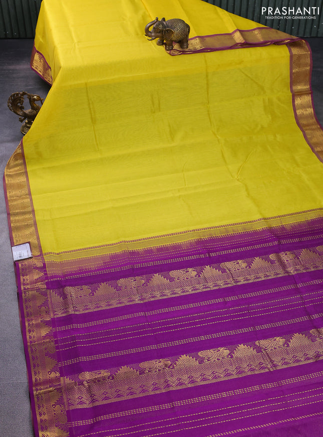 Silk cotton saree lime yellow and purple with allover vairaosi pattern and annam zari woven border