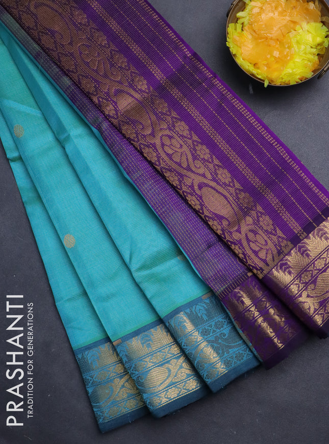 Silk cotton saree dual shade of teal blue and violet with allover vairaosi pattern & zari buttas and temple design zari woven border