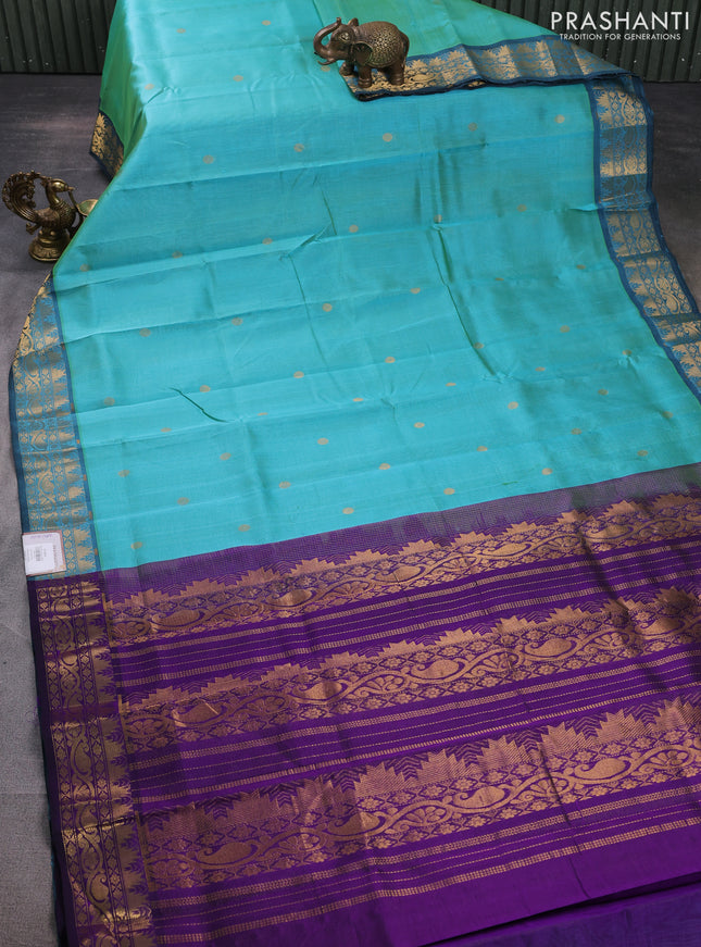 Silk cotton saree dual shade of teal blue and violet with allover vairaosi pattern & zari buttas and temple design zari woven border