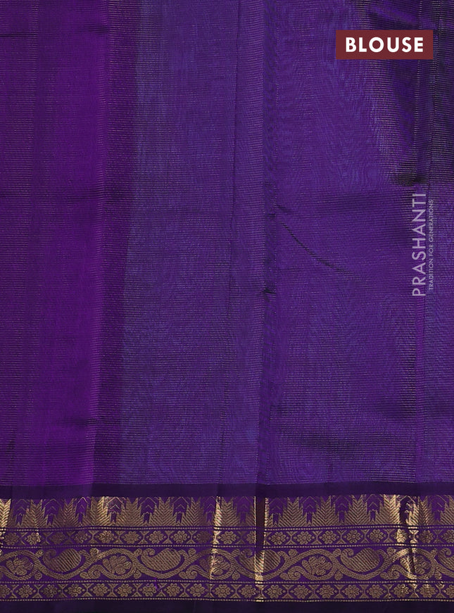 Silk cotton saree dual shade of teal blue and violet with allover vairaosi pattern & zari buttas and temple design zari woven border