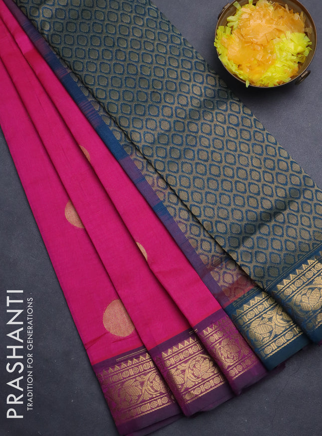 Silk cotton saree pink and peacock blue with zari woven buttas and zari woven border