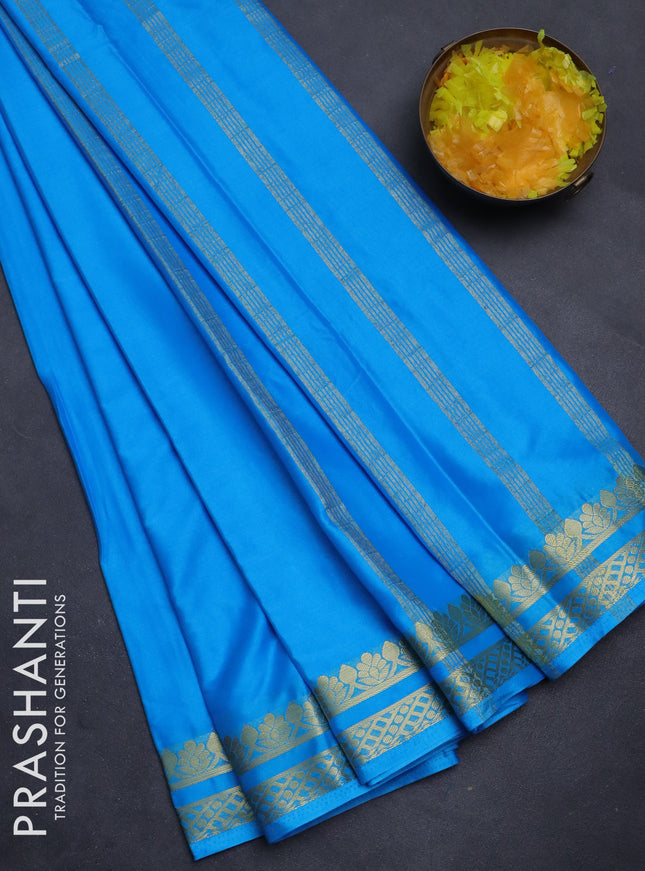 Semi mysore silk saree cs blue with plain body and zari woven border
