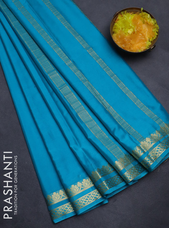 Semi mysore silk saree teal blue with plain body and zari woven border