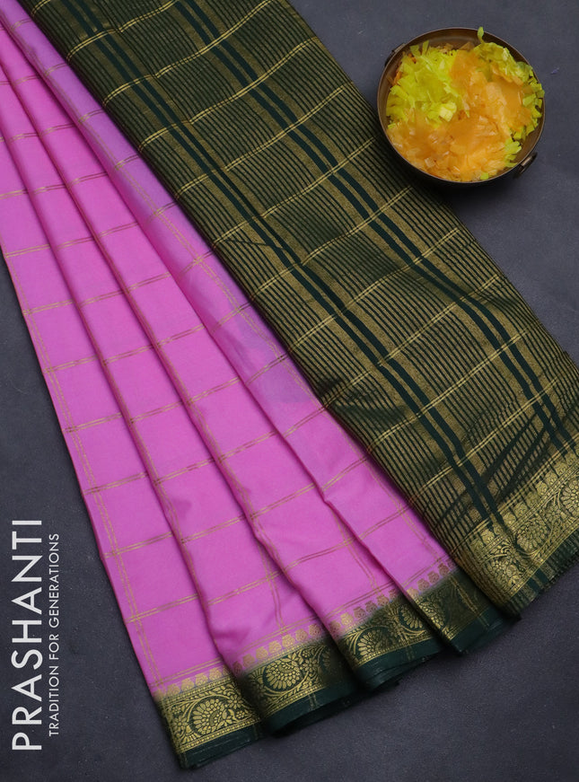 Semi mysore silk saree lotus pink and bottle green with allover zari checked pattern and zari woven border