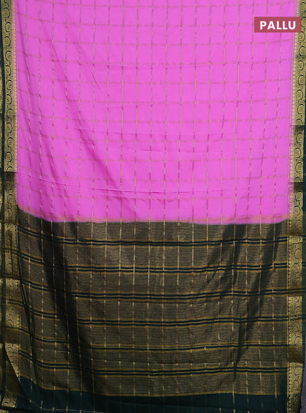 Semi mysore silk saree lotus pink and bottle green with allover zari checked pattern and zari woven border