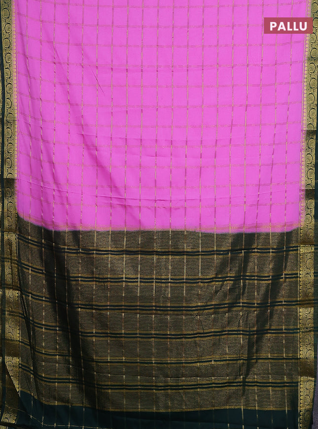 Semi mysore silk saree lotus pink and bottle green with allover zari checked pattern and zari woven border