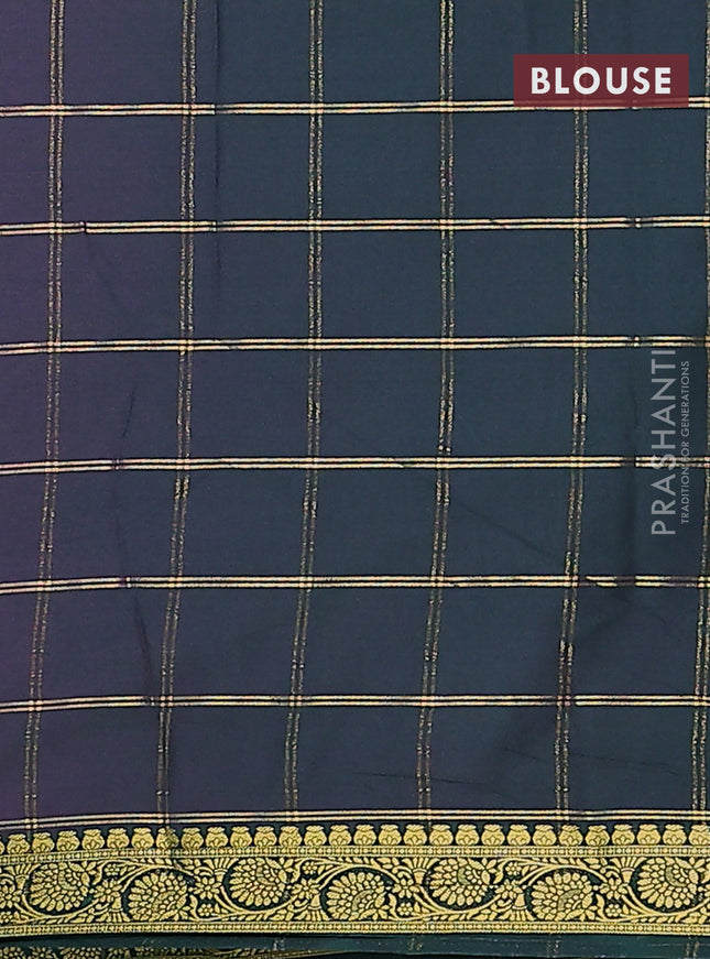 Semi mysore silk saree lotus pink and bottle green with allover zari checked pattern and zari woven border