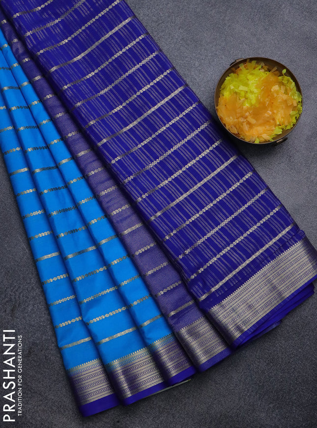 Semi mysore silk saree light blue and blue with allover zari weaves and zari woven border