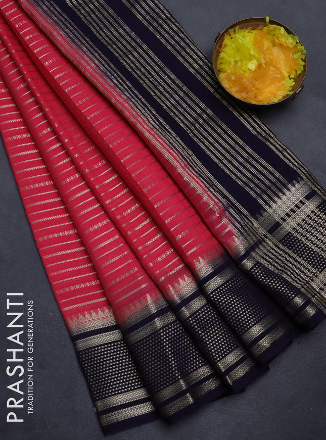 Semi mysore silk saree peach pink shade and dark blue with allover zari weaves and zari woven border