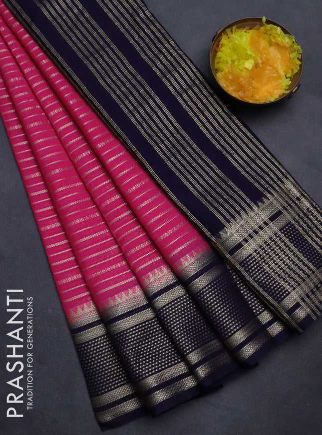 Semi mysore silk saree pink and navy blue with allover zari weaves and zari woven border