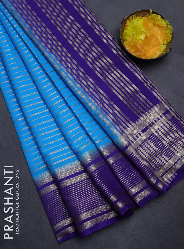 Semi mysore silk saree cs blue and violet with allover zari weaves and zari woven border