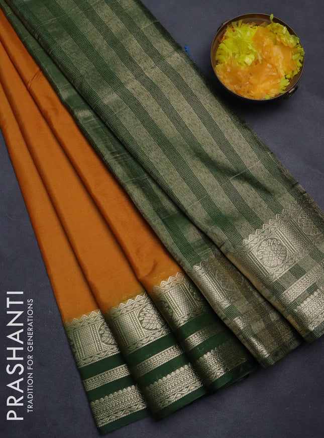 Semi mysore silk saree mustard yellow and sap green with plain body and zari woven border