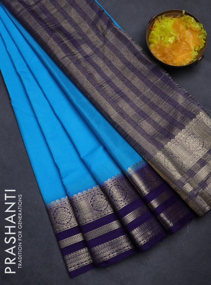 Semi mysore silk saree teal blue and blue with plain body and zari woven border