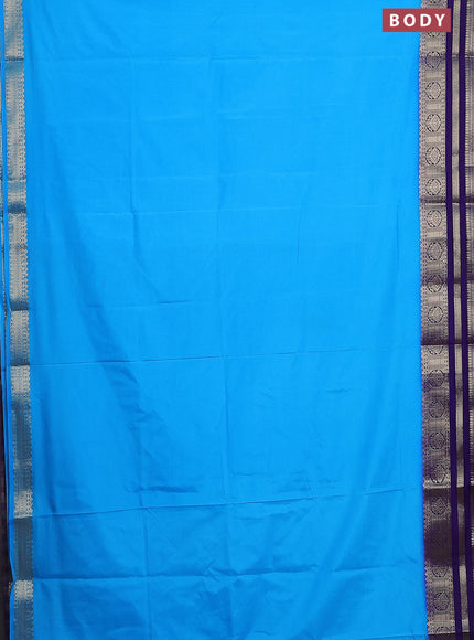 Semi mysore silk saree teal blue and blue with plain body and zari woven border
