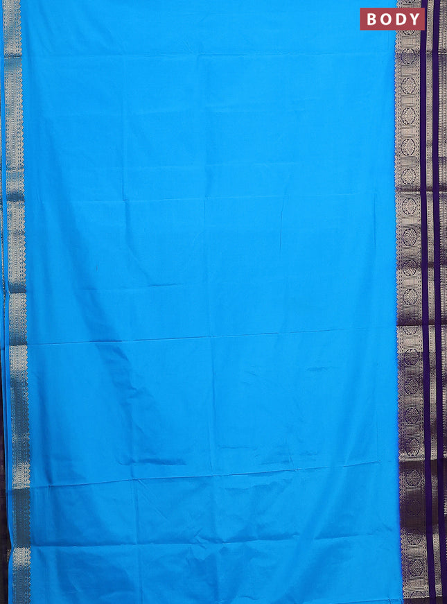 Semi mysore silk saree teal blue and blue with plain body and zari woven border