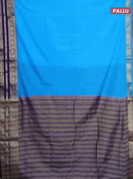 Semi mysore silk saree teal blue and blue with plain body and zari woven border