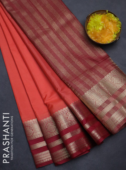 Semi mysore silk saree peach orange and red with plain body and zari woven border