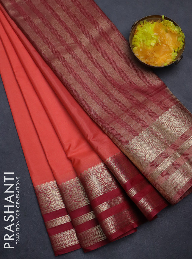 Semi mysore silk saree peach orange and red with plain body and zari woven border