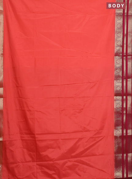 Semi mysore silk saree peach orange and red with plain body and zari woven border