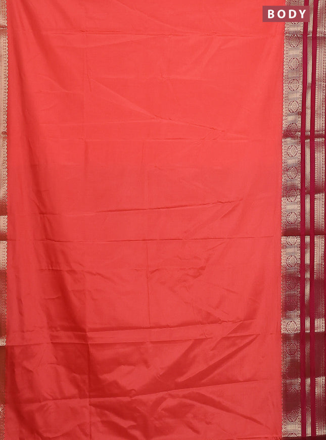 Semi mysore silk saree peach orange and red with plain body and zari woven border