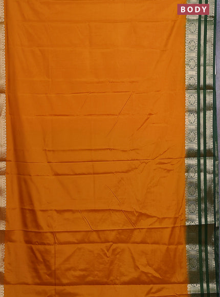 Semi mysore silk saree mustard yellow and sap green with plain body and zari woven border