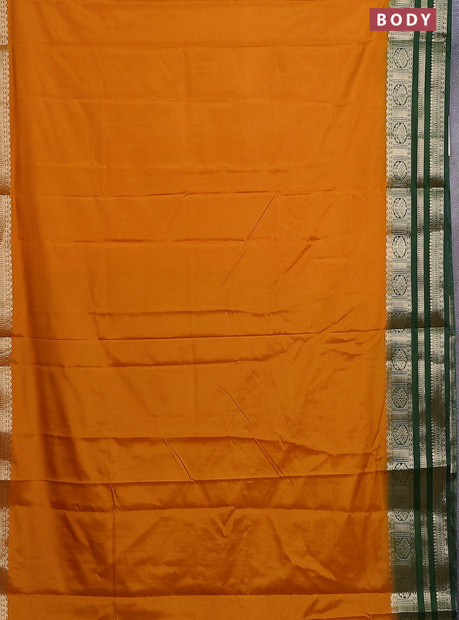 Semi mysore silk saree mustard yellow and sap green with plain body and zari woven border