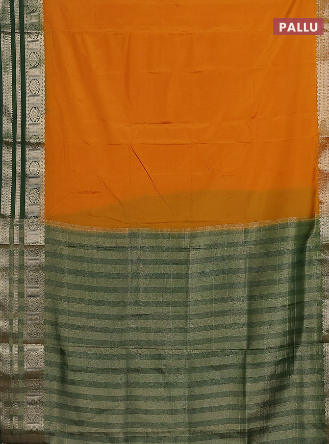 Semi mysore silk saree mustard yellow and sap green with plain body and zari woven border