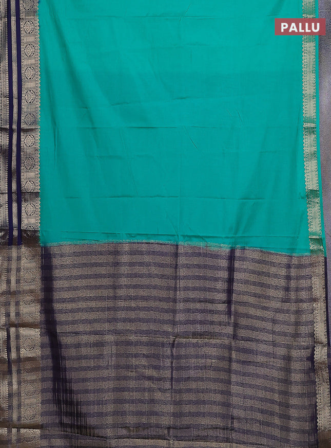 Semi mysore silk saree teal green and navy blue with plain body and zari woven border