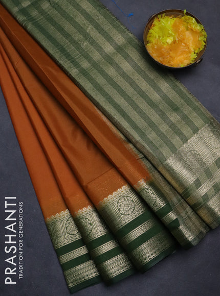 Semi mysore silk saree dark mustard and sap green with plain body and zari woven border