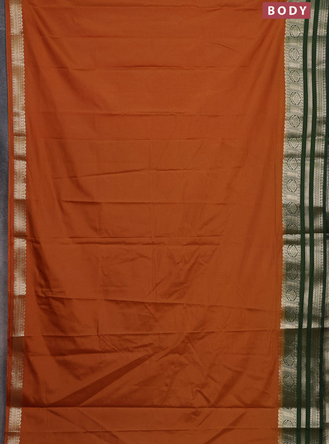 Semi mysore silk saree dark mustard and sap green with plain body and zari woven border