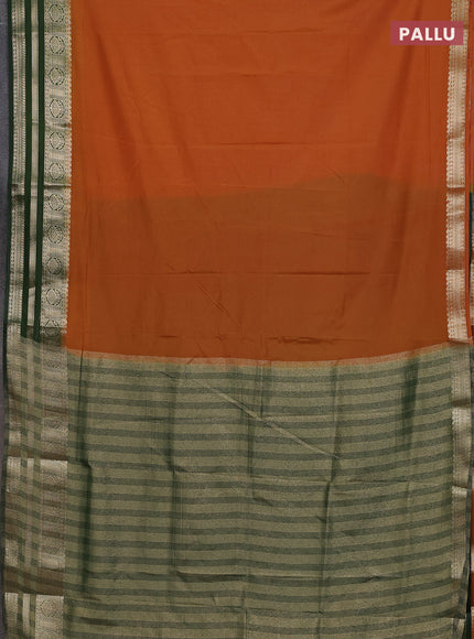 Semi mysore silk saree dark mustard and sap green with plain body and zari woven border