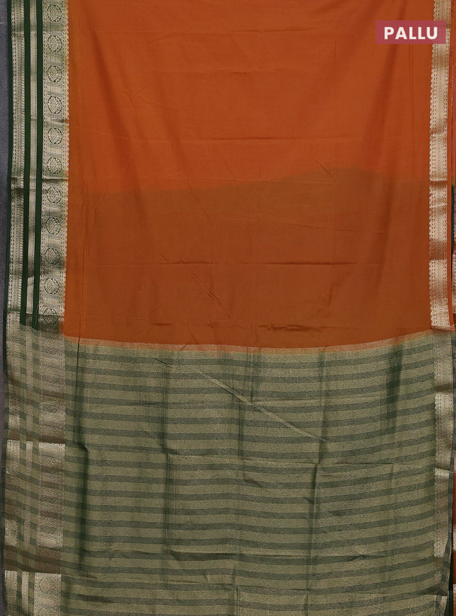Semi mysore silk saree dark mustard and sap green with plain body and zari woven border