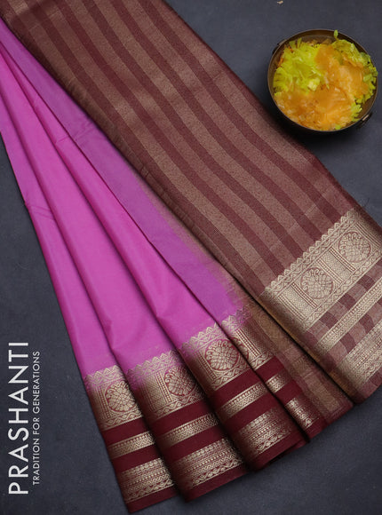 Semi mysore silk saree lotus pink and deep maroon with plain body and zari woven border