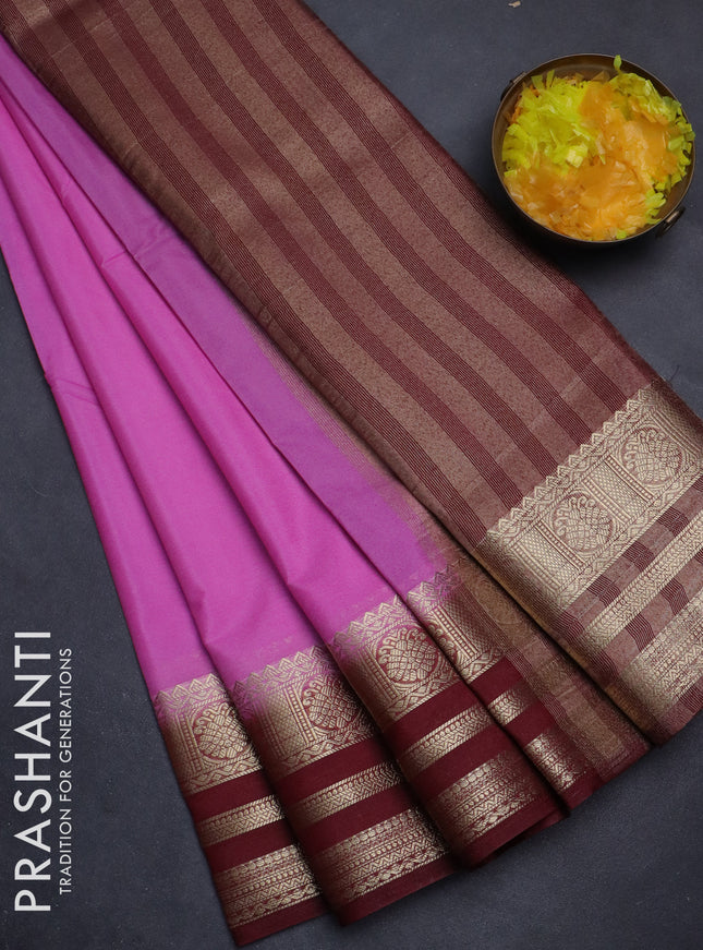 Semi mysore silk saree lotus pink and deep maroon with plain body and zari woven border