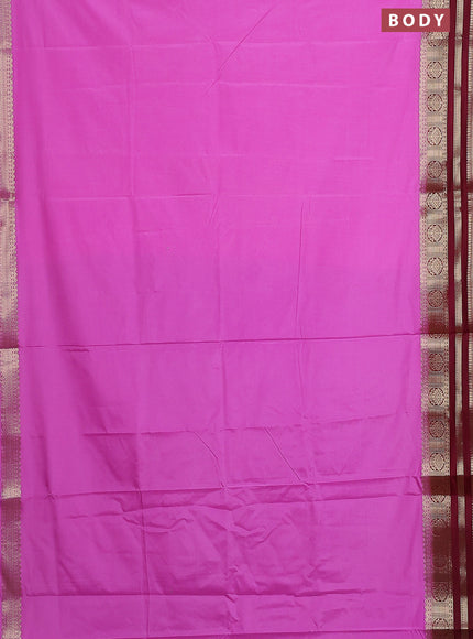 Semi mysore silk saree lotus pink and deep maroon with plain body and zari woven border