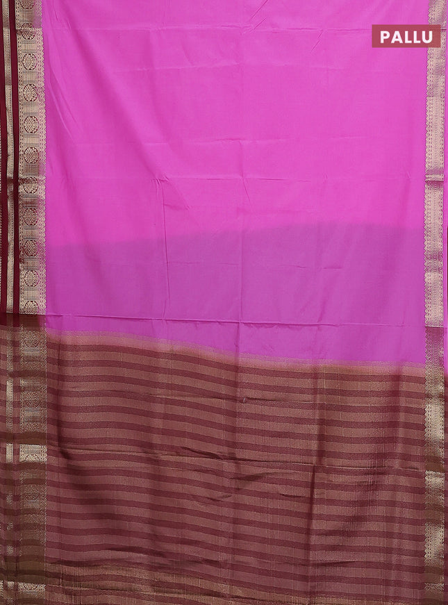 Semi mysore silk saree lotus pink and deep maroon with plain body and zari woven border