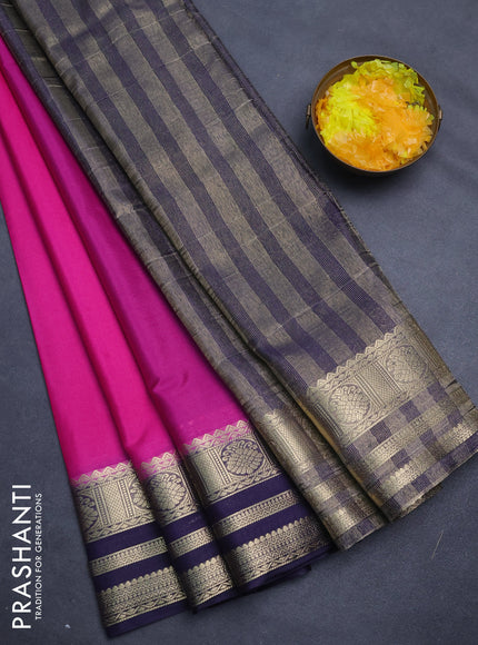 Semi mysore silk saree pink and dark blue with plain body and zari woven border