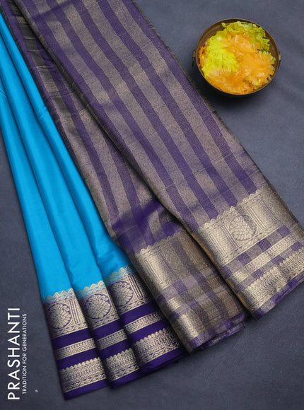 Semi mysore silk saree teal blue and blue with plain body and zari woven border