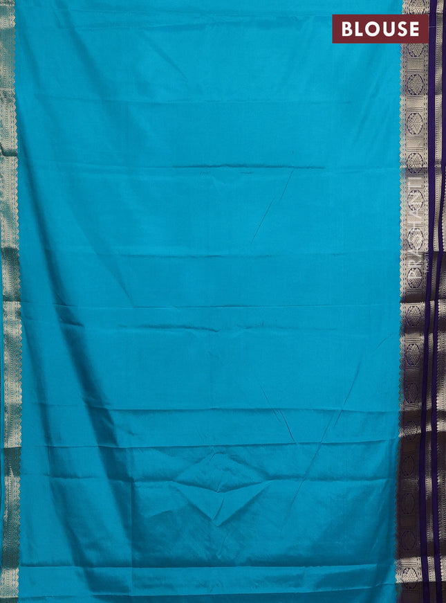 Semi mysore silk saree teal blue and blue with plain body and zari woven border