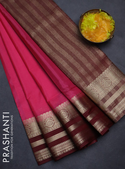 Semi mysore silk saree pink and deep maroon with plain body and zari woven border