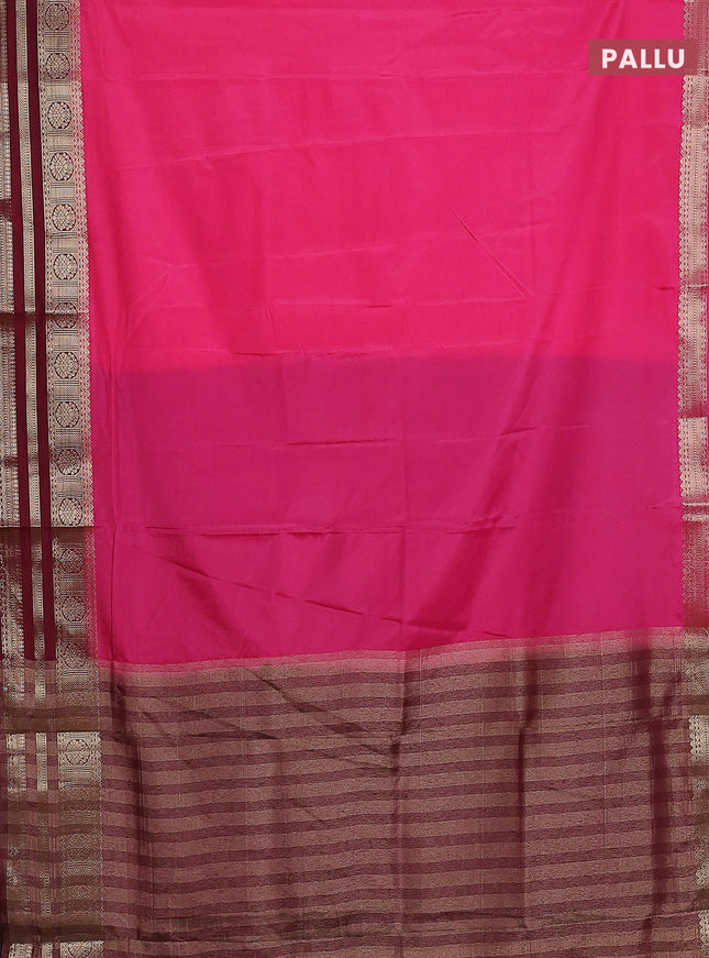 Semi mysore silk saree pink and deep maroon with plain body and zari woven border