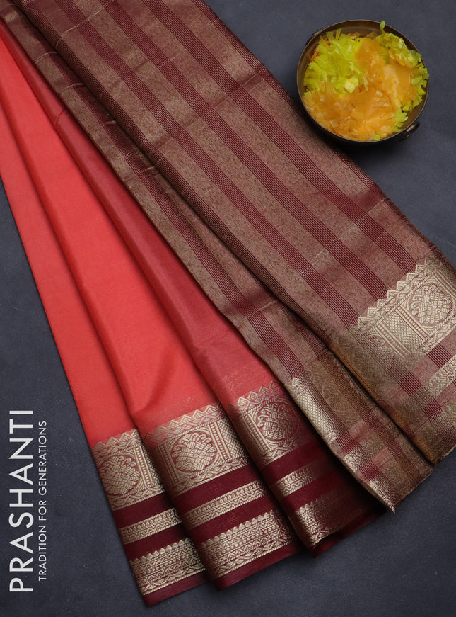 Semi mysore silk saree peach pink and deep maroon with plain body and zari woven border