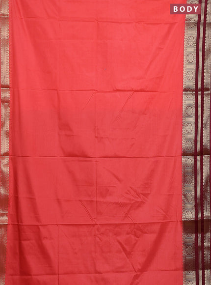 Semi mysore silk saree peach pink and deep maroon with plain body and zari woven border