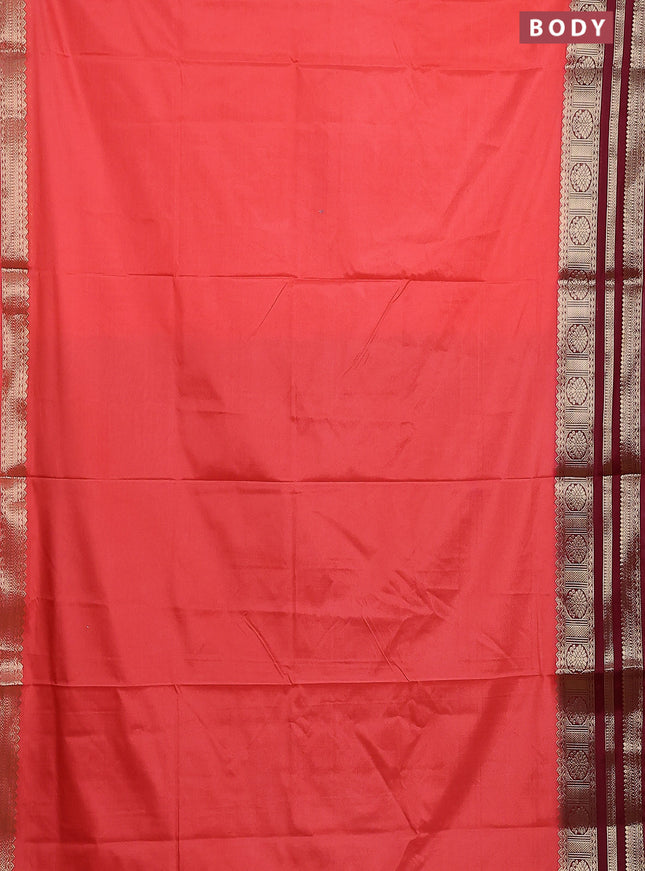 Semi mysore silk saree peach pink and deep maroon with plain body and zari woven border