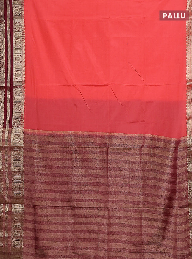 Semi mysore silk saree peach pink and deep maroon with plain body and zari woven border