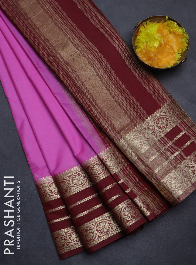 Semi mysore silk saree lotus pink and maroon with plain body and zari woven border