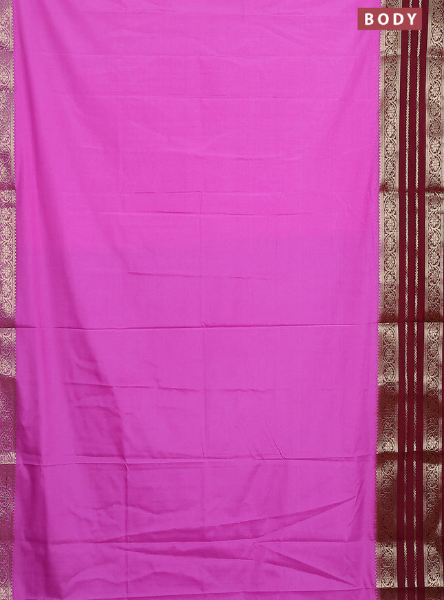 Semi mysore silk saree lotus pink and maroon with plain body and zari woven border