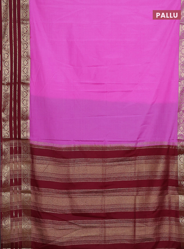 Semi mysore silk saree lotus pink and maroon with plain body and zari woven border