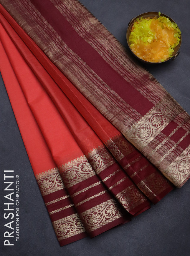 Semi mysore silk saree peach orange and maroon with plain body and zari woven border